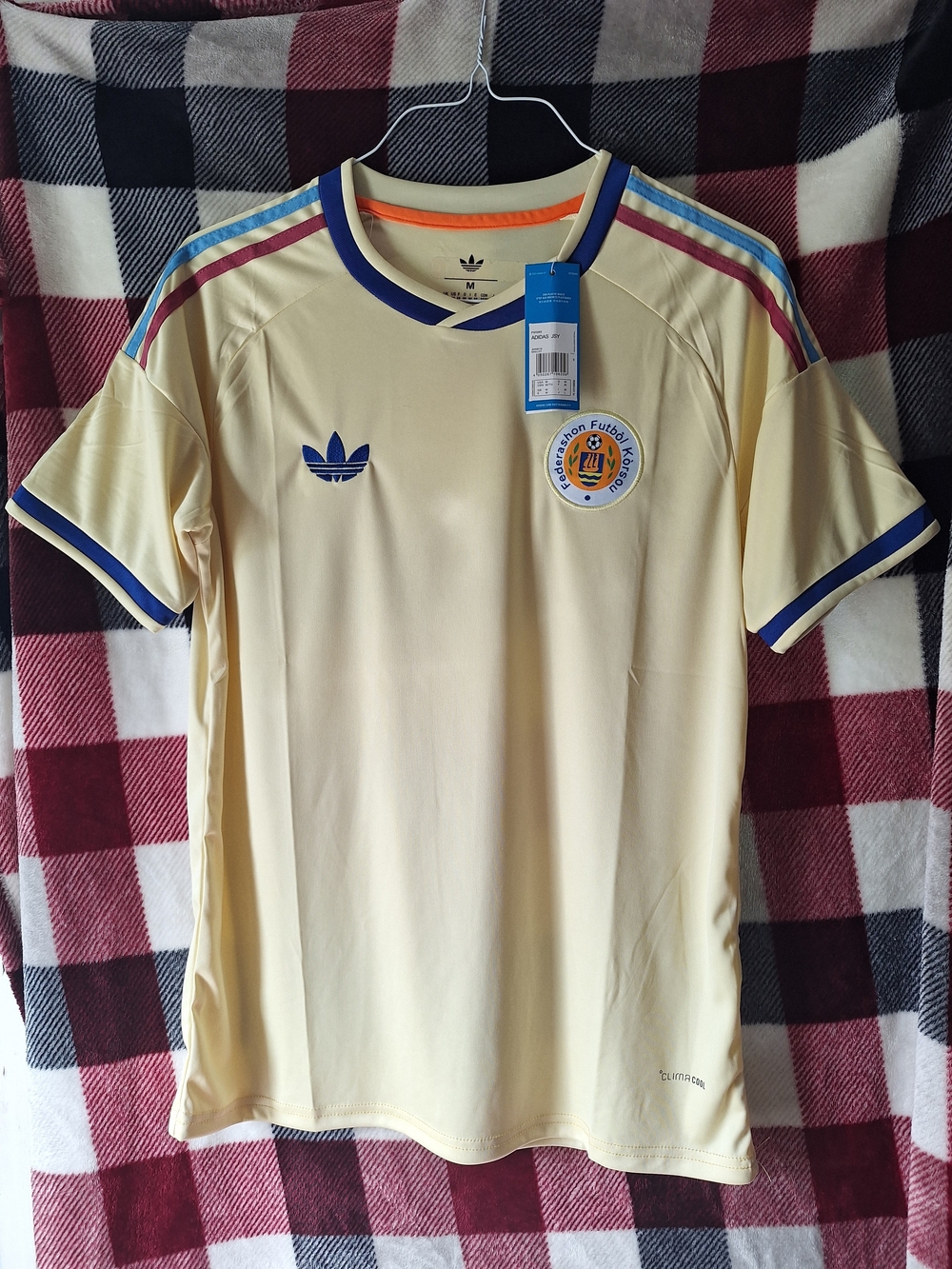 adidas Cream Men's Football Jersey with Blue and Pink Accents